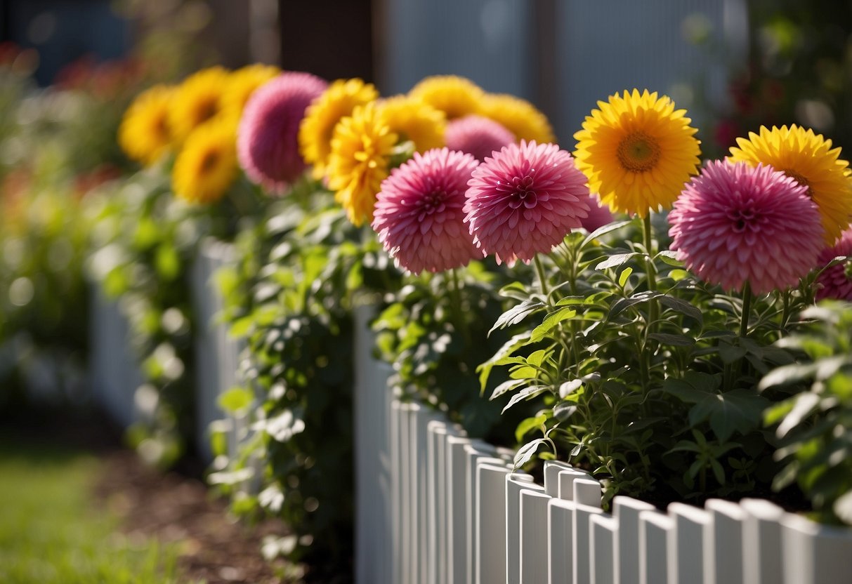 A PVC fence with built-in planters lines the garden, filled with vibrant flowers and greenery. The fence stands tall and sturdy, providing a beautiful and functional boundary for the garden space