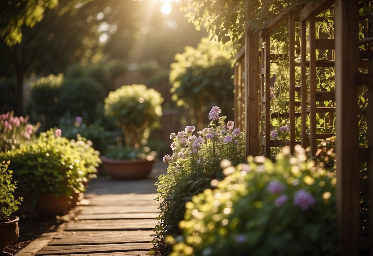 A wooden trellis stands tall in a lush garden, adorned with climbing vines and flowers. The sunlight filters through the timber, casting intricate shadows on the ground