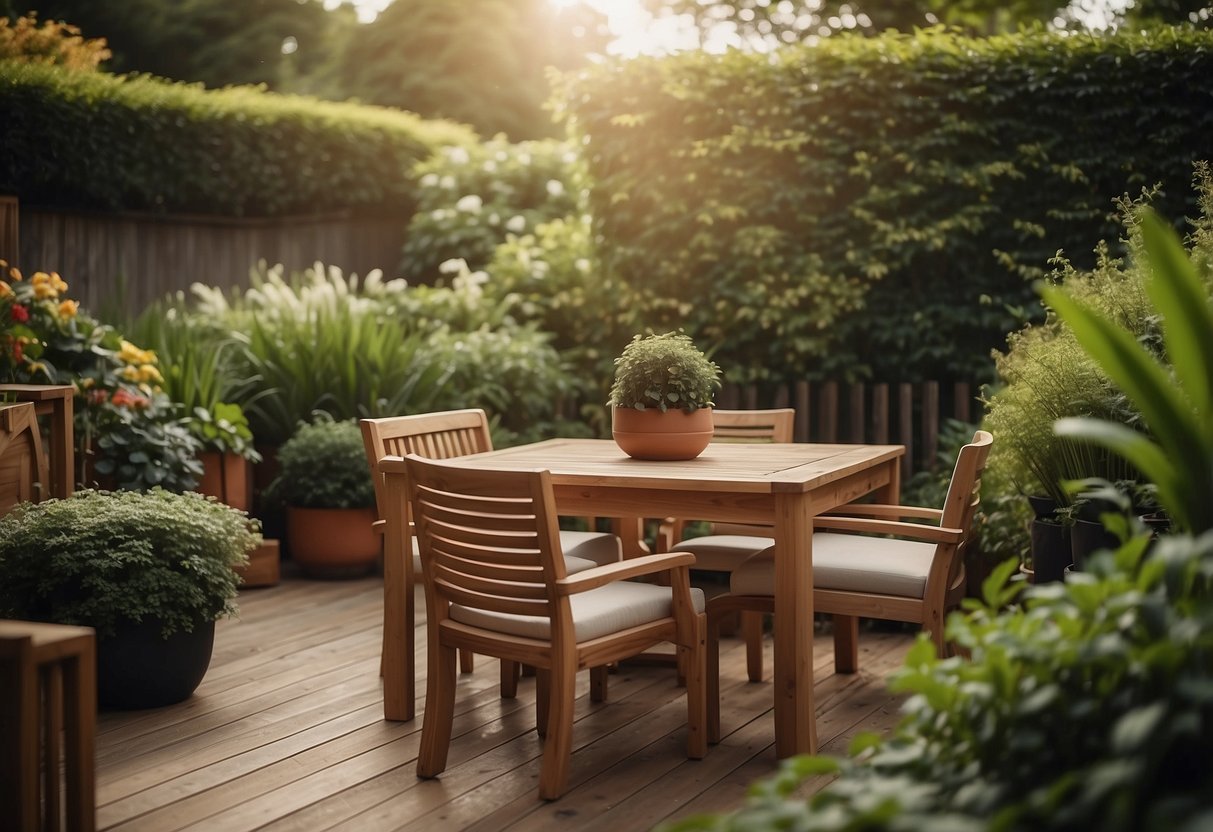 A spacious hardwood decking area in a lush garden, with wood furniture and potted plants, creating a serene outdoor retreat