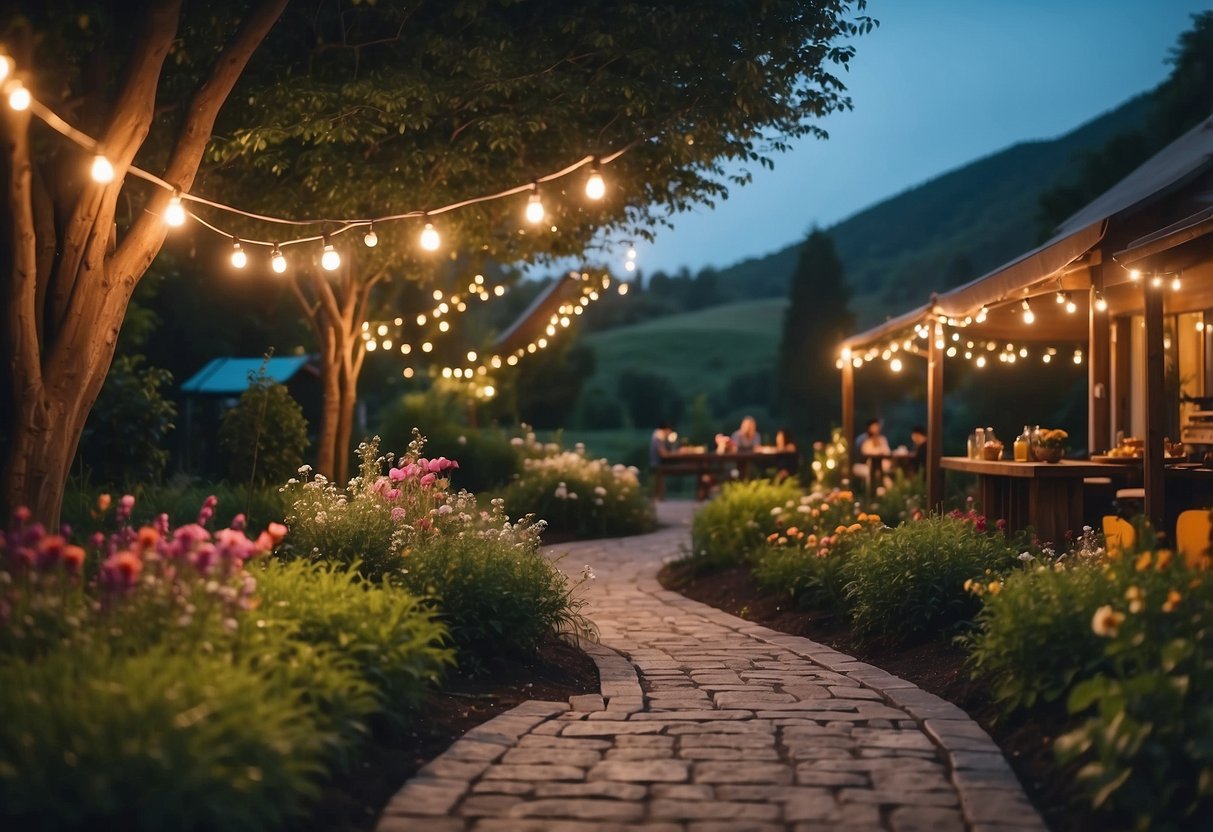 A winding pathway lined with twinkling fairy lights leads to a cozy BBQ area surrounded by lush greenery and colorful flowers