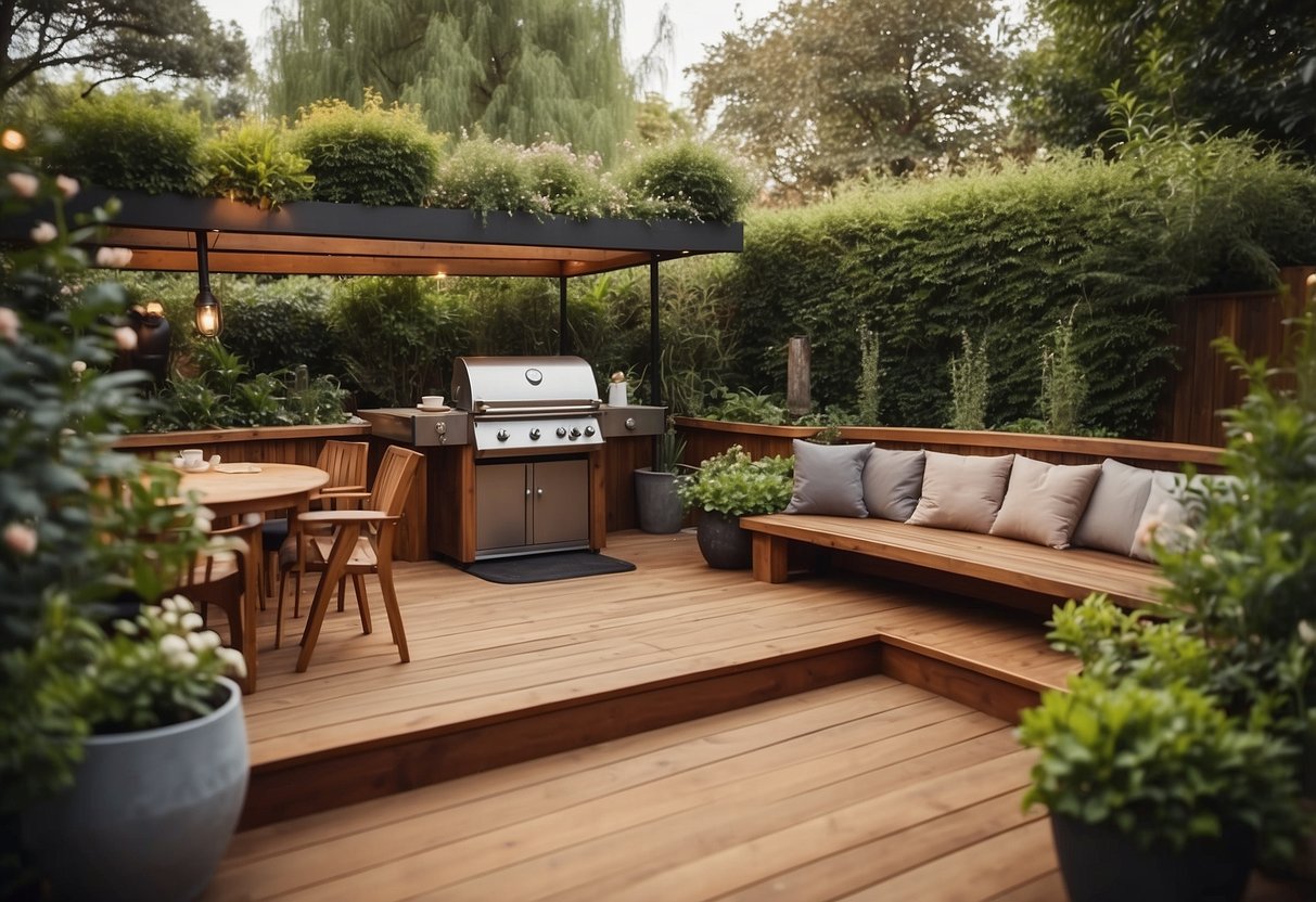 A wooden deck with a built-in barbecue area surrounded by potted plants and comfortable outdoor seating