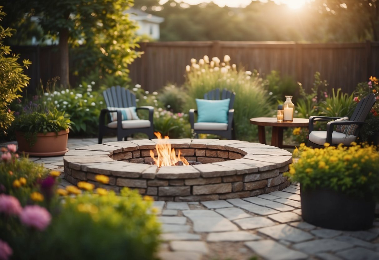 A circular fire pit surrounded by a garden with BBQ area. Lush greenery and colorful flowers border the space, creating a cozy and inviting atmosphere