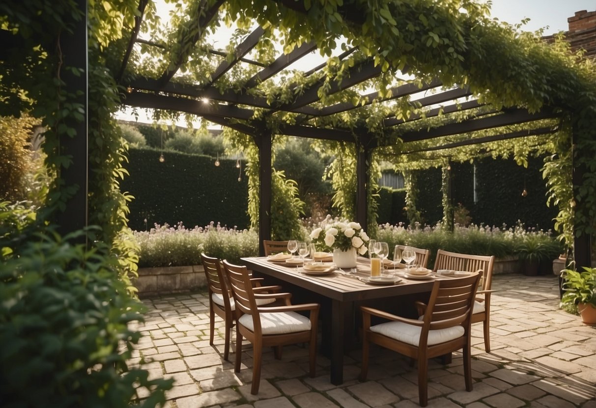 A pergola covered in lush vines stands in a beautifully landscaped garden, creating an inviting and cozy BBQ area