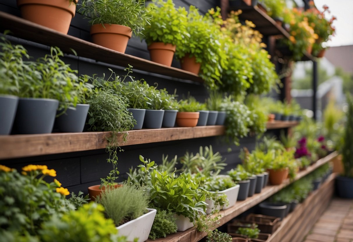 A vibrant herb garden grows on a wall near a BBQ area, with various planters and trellises creating a lush and fragrant backdrop