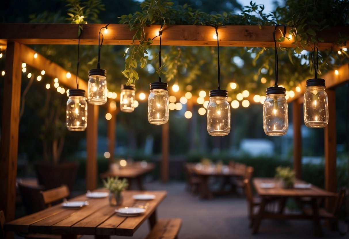 Mason jar lanterns hang from pergola in a cozy outdoor BBQ area. Fairy lights twinkle among lush greenery and wooden furniture