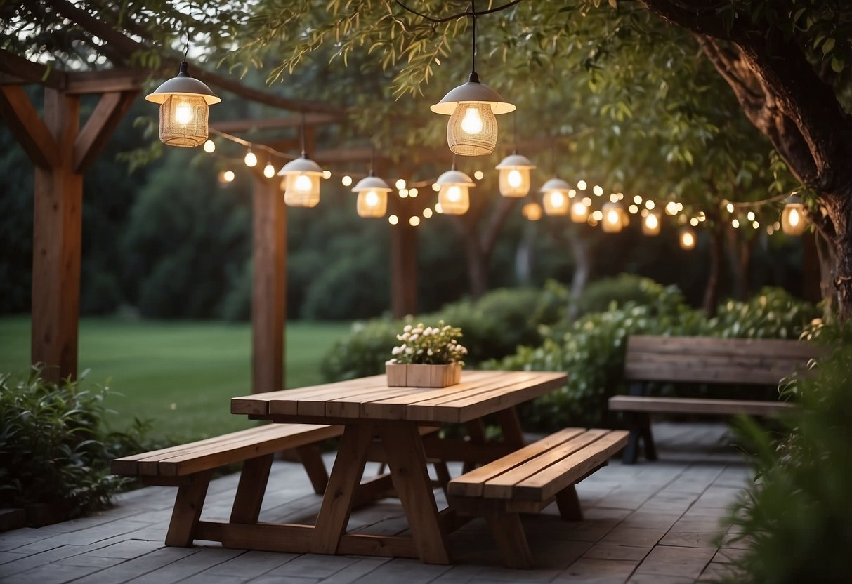 A spacious outdoor area with a built-in grill, wooden picnic table, and comfortable seating surrounded by lush greenery and decorative lighting