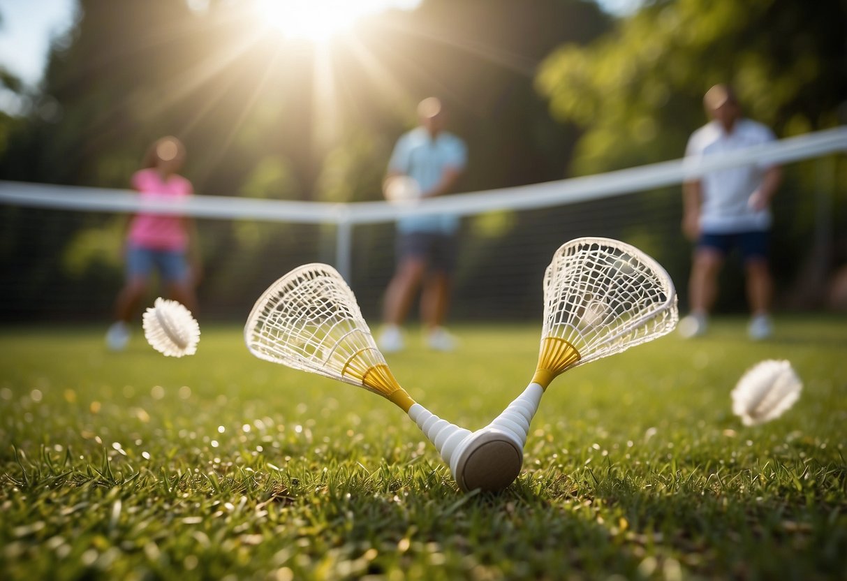 Players enjoy a lively game of badminton in a lush garden setting, with colorful shuttlecocks flying through the air