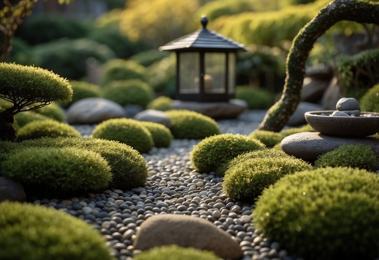 A tranquil Zen garden with raked gravel, stepping stones, and a small rill flowing through the rocks, surrounded by carefully placed moss and pruned shrubs