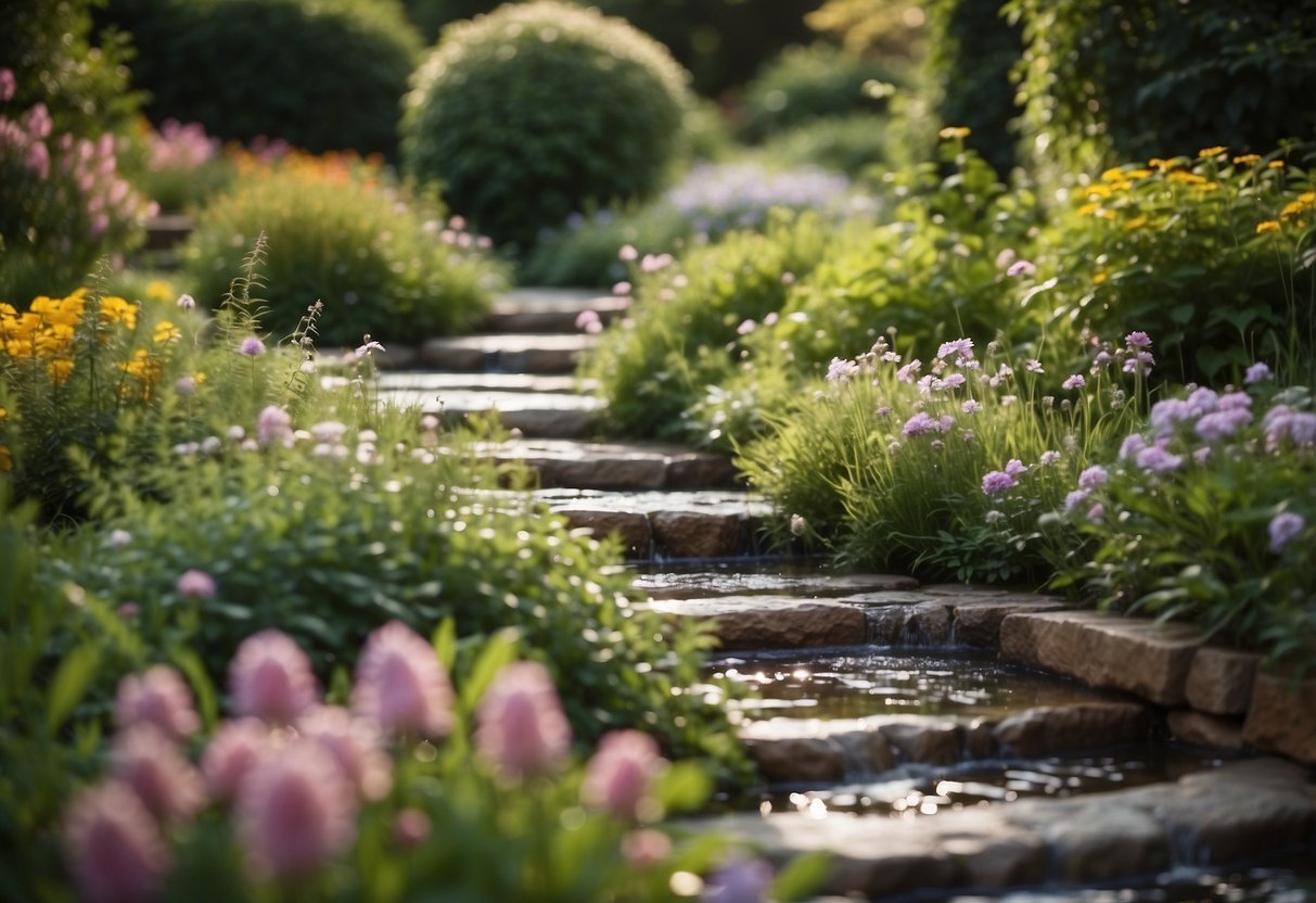 A rustic metal rill flows through a garden, surrounded by lush greenery and vibrant flowers