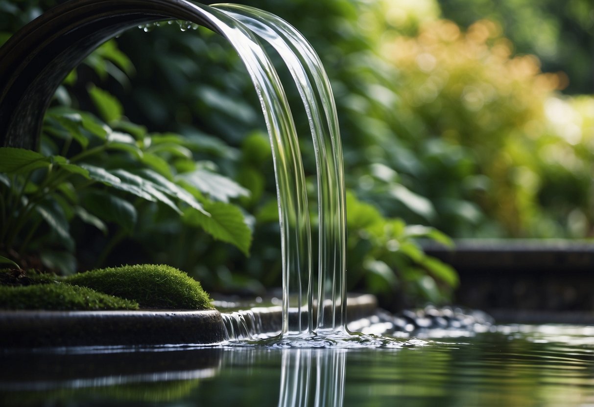 A glass waterfall cascades down a garden rill, reflecting the surrounding greenery and creating a tranquil, serene atmosphere