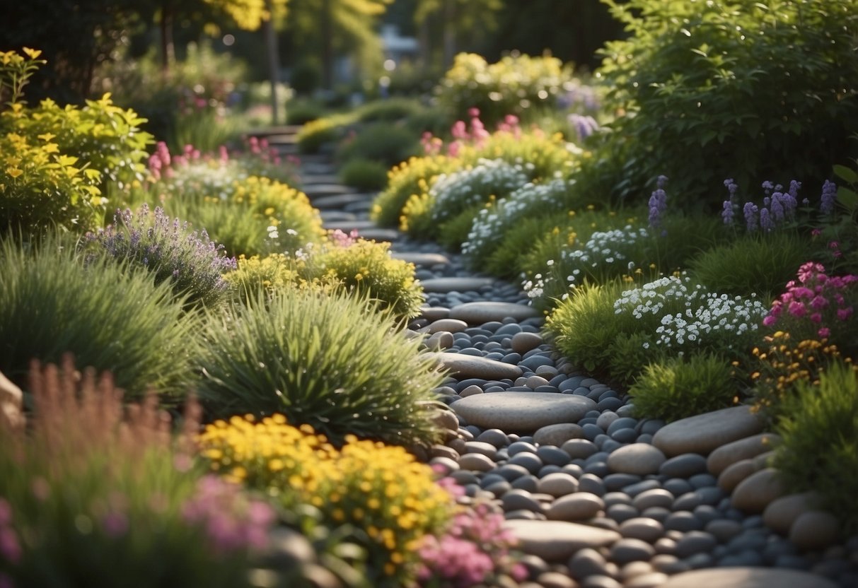 A winding garden rill, lined with smooth pebbles, meanders through lush greenery and colorful blooms