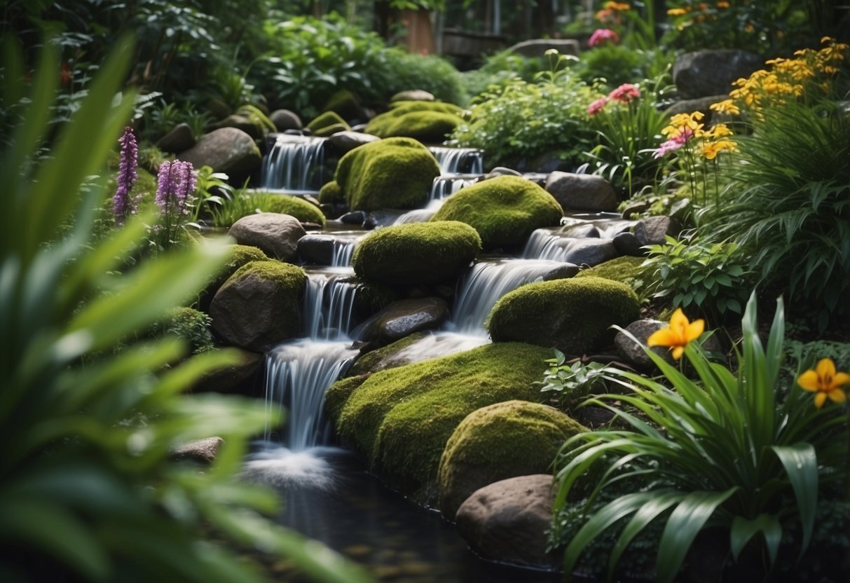 A winding garden rill flows through lush greenery, with small waterfalls cascading over smooth stones, surrounded by vibrant flowers and tall grasses