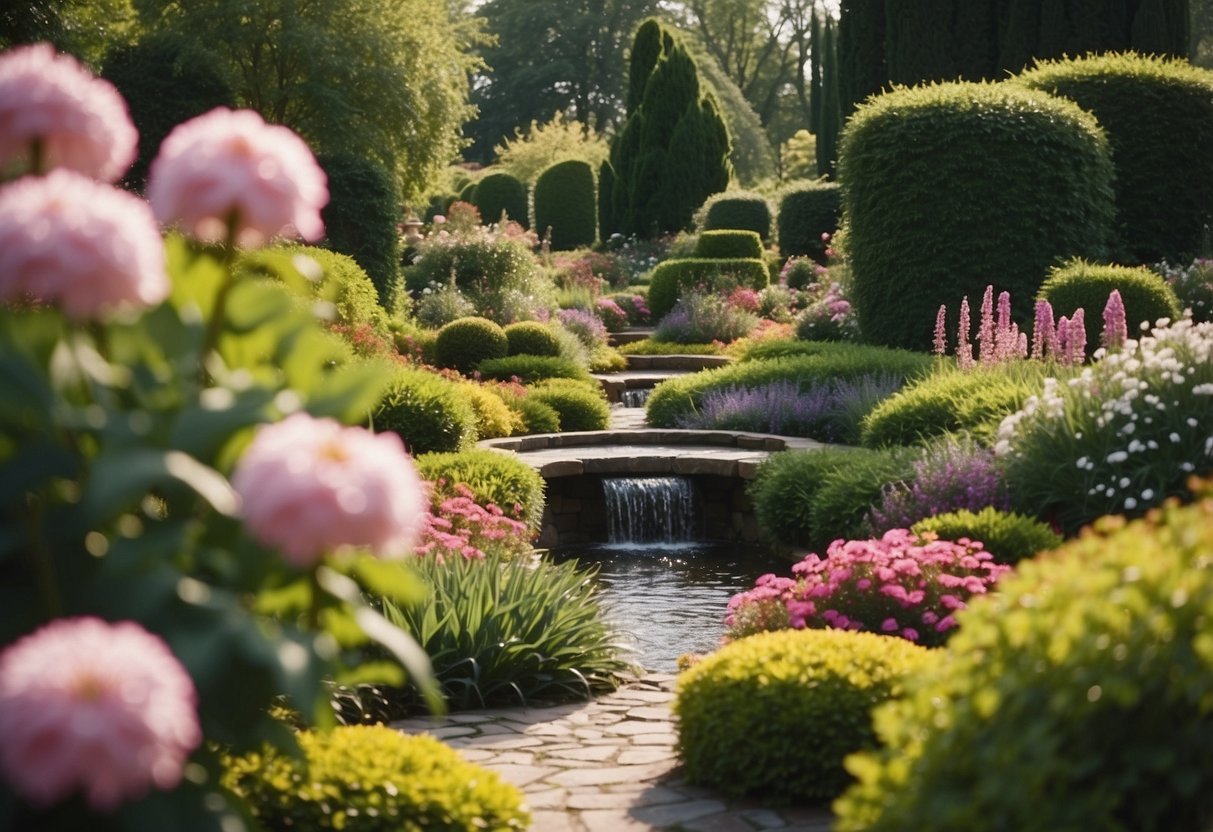 A winding garden rill flows through a lush, manicured garden, bordered by colorful flowers and neatly trimmed hedges