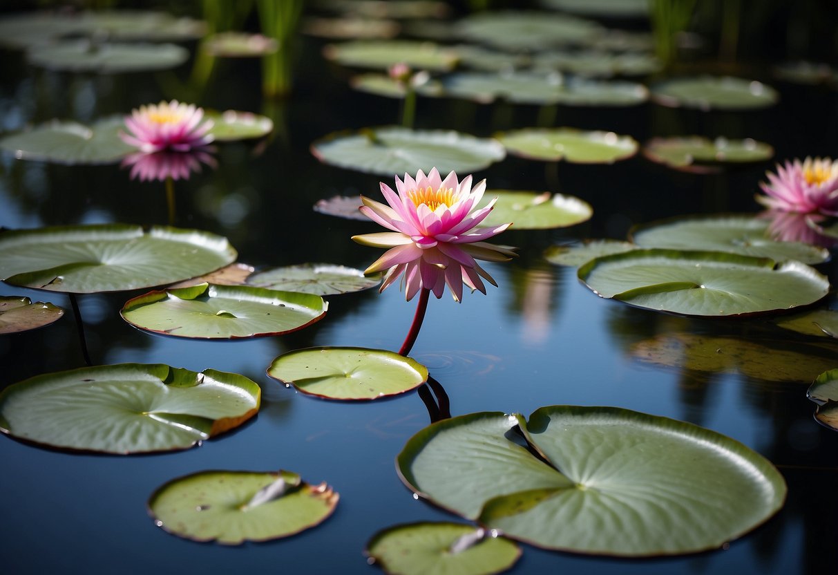 Vibrant water lilies float on a tranquil river, surrounded by lush greenery and reflecting the clear blue sky above