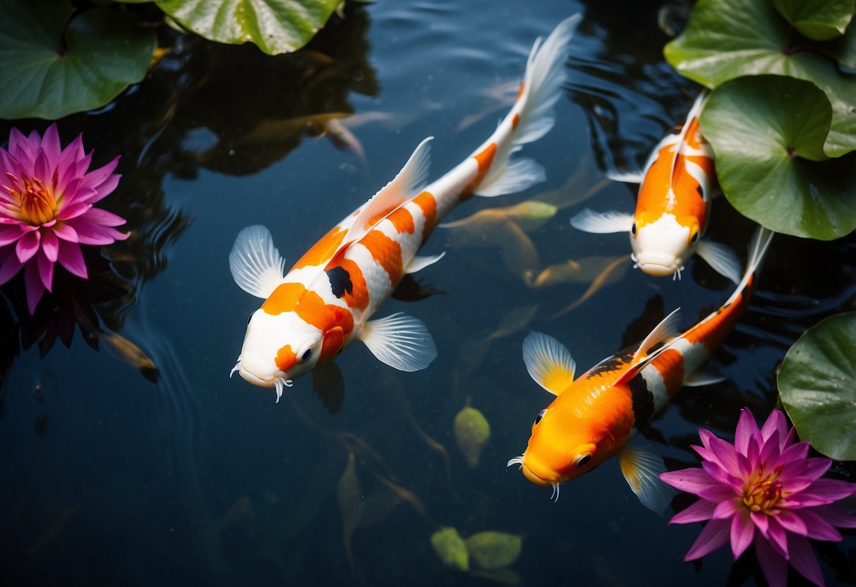 Vibrant Koi fish swim gracefully in a serene garden river, surrounded by lush greenery and colorful flowers