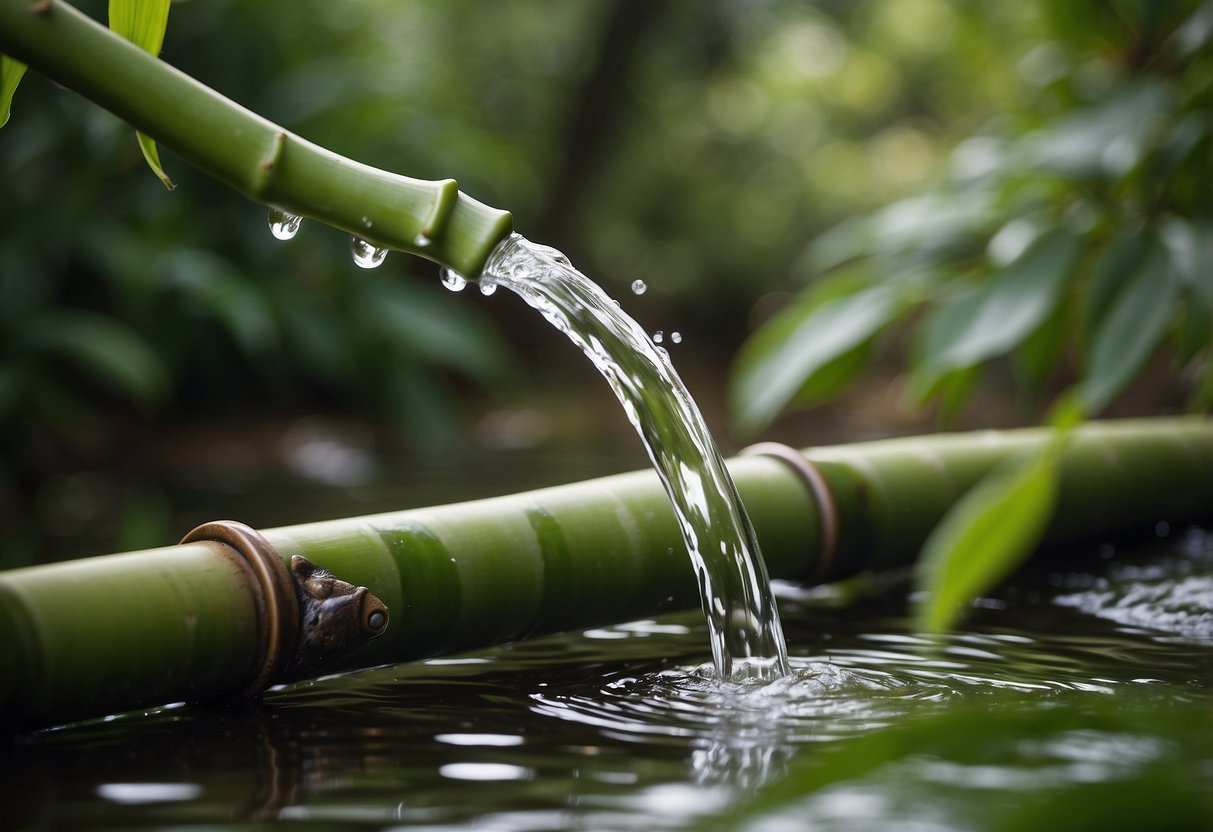 A bamboo water spout pours into a serene garden river, surrounded by lush greenery and blooming flowers