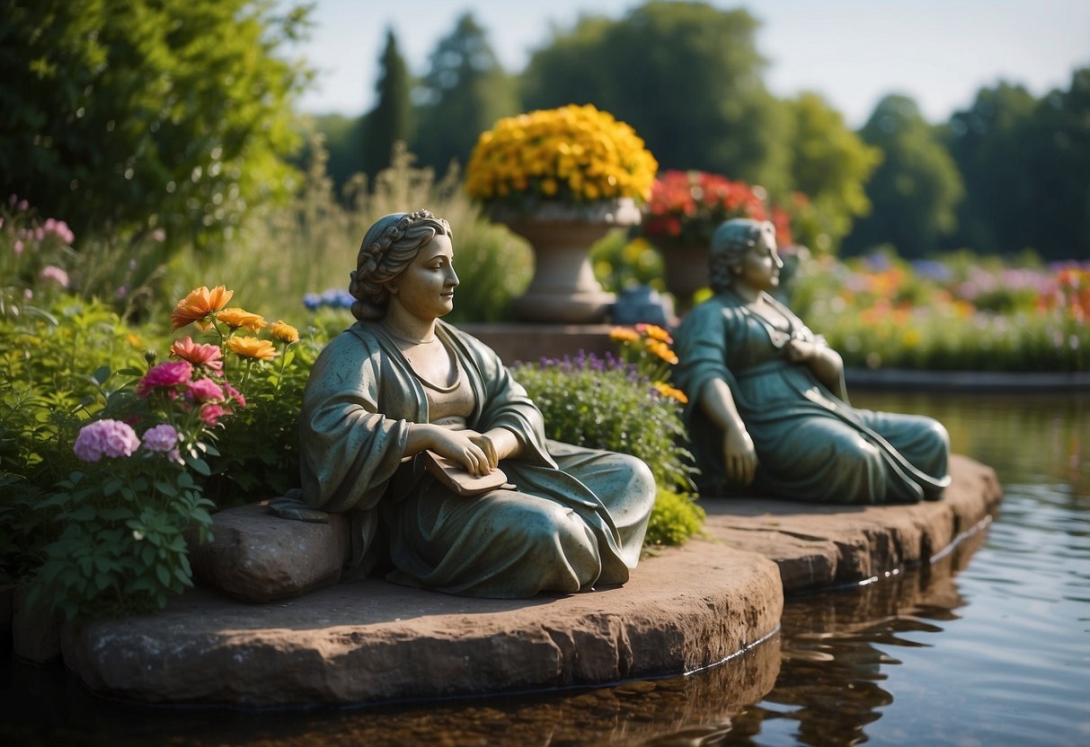 Several reclining garden statues are positioned along a tranquil river, surrounded by lush greenery and colorful flowers