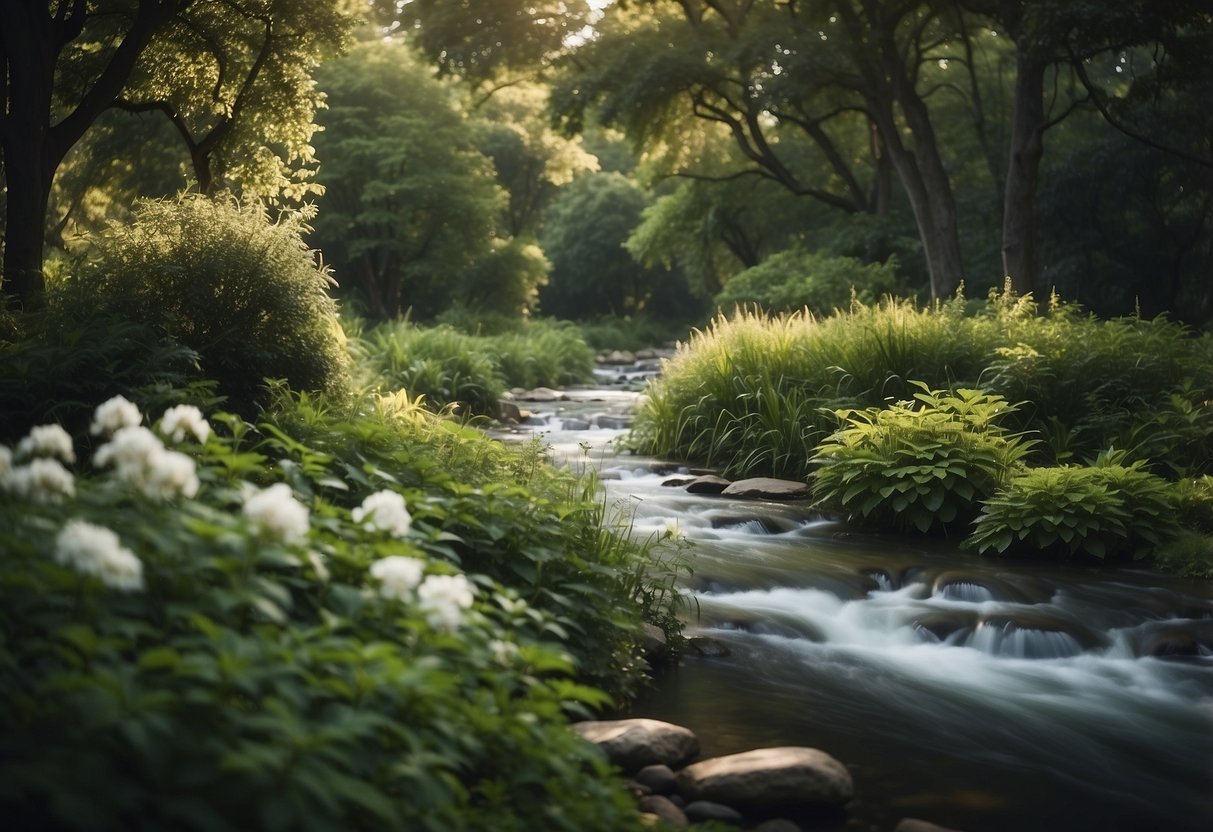 A serene garden river flows through lush greenery, providing a peaceful and tranquil atmosphere for relaxation and contemplation