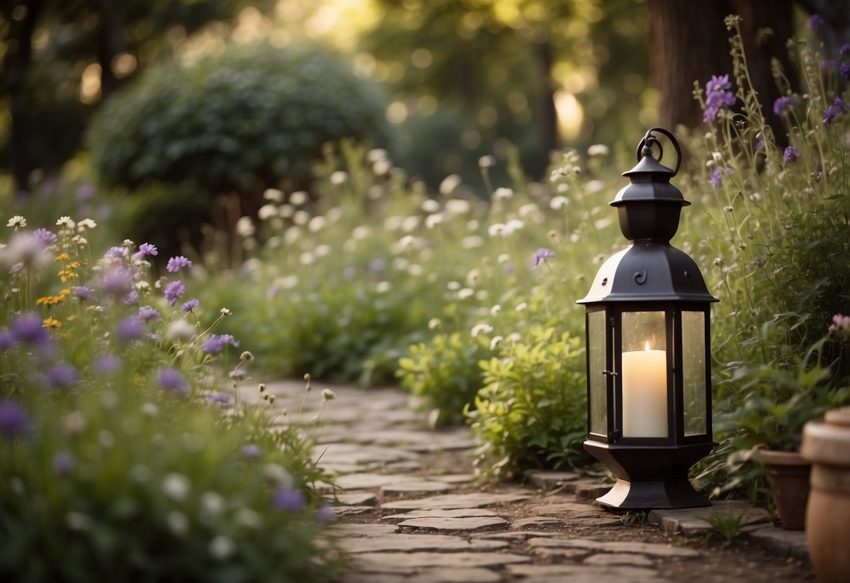 A winding garden path lined with wildflowers and old-fashioned lanterns leads through a quaint rustic garden