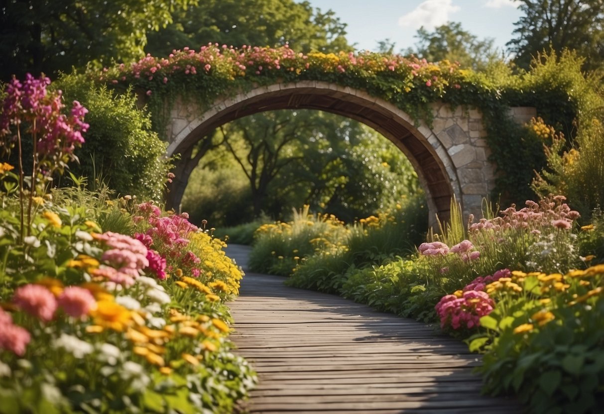 A wooden arched bridge spans a lush garden path, surrounded by vibrant flowers and greenery