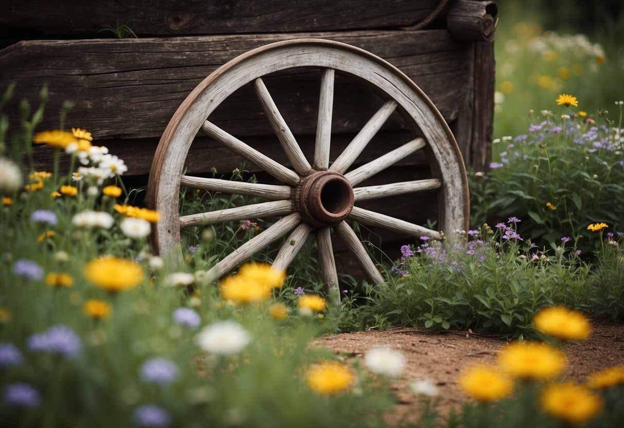 A weathered wagon wheel rests among wildflowers on a winding garden path, evoking a rustic and vintage ambiance