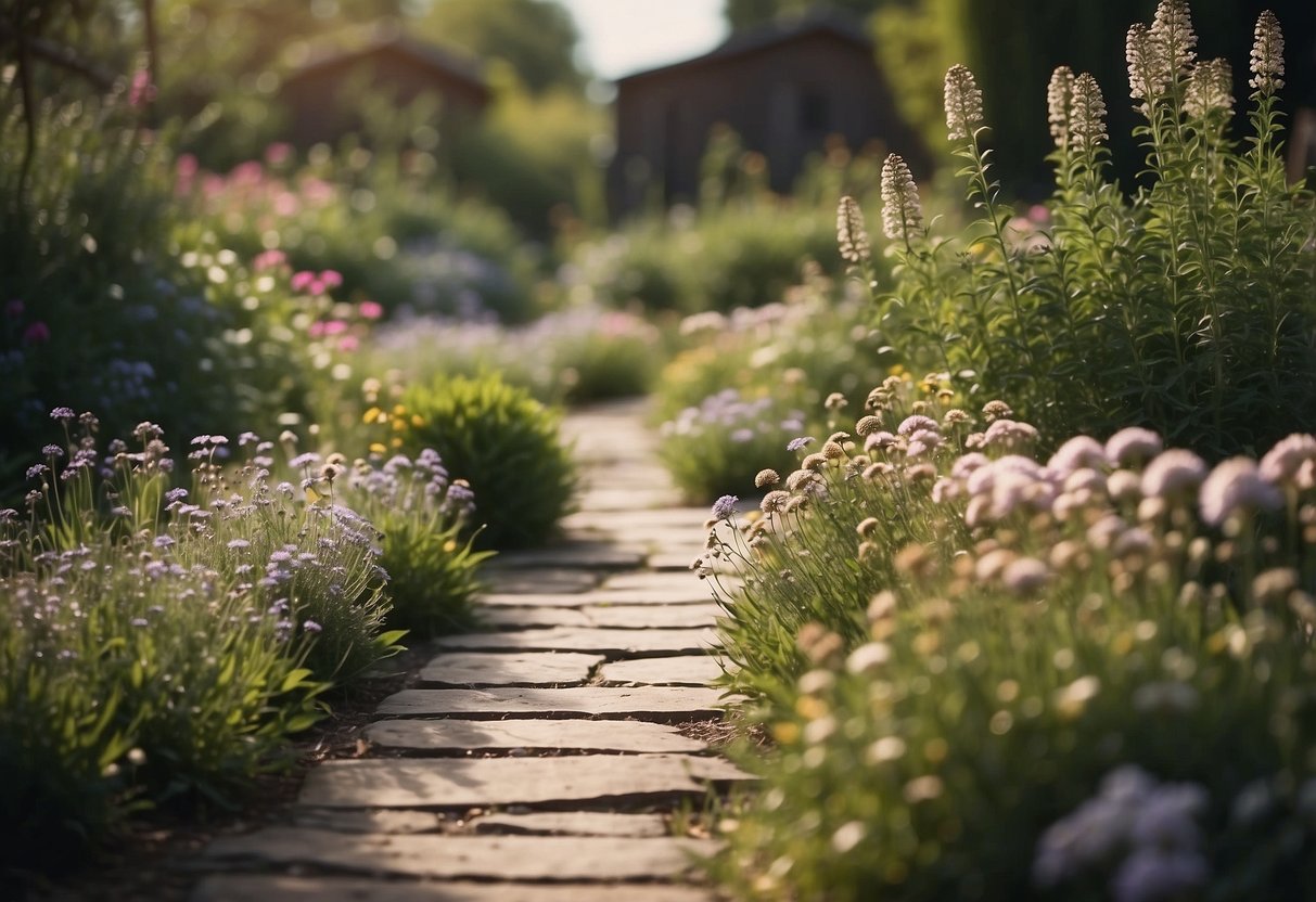 A rustic garden path lined with flowering herbs in full bloom