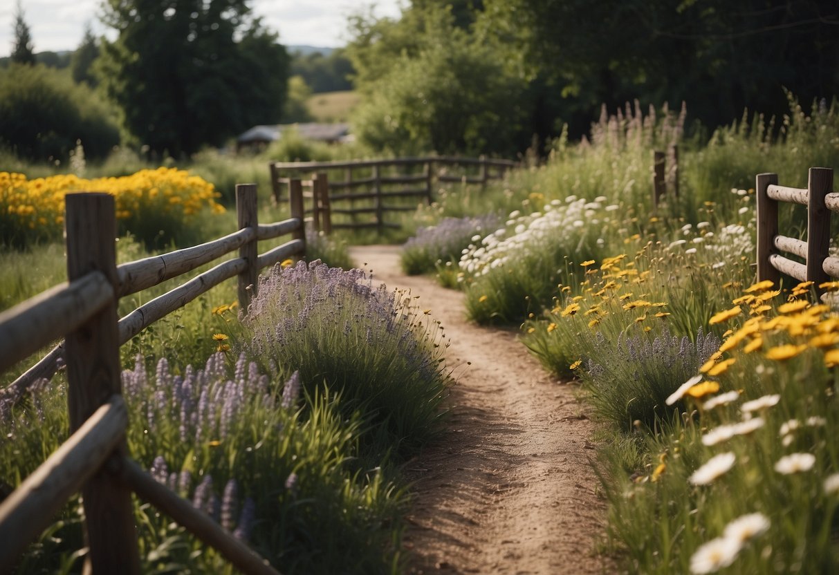 A winding gravel trail meanders through a rustic garden, flanked by wildflowers and bordered by weathered wooden fences