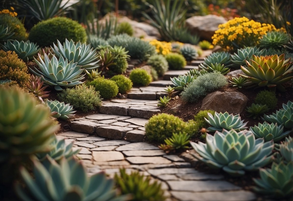 A winding garden path lined with vibrant succulents, leading to a rustic stone staircase