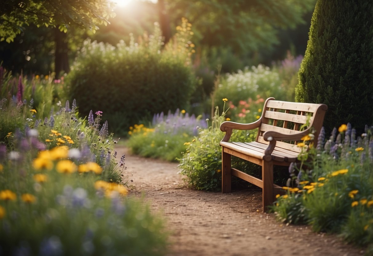 A winding garden path lined with wildflowers and overhanging greenery leads to a charming wooden bench in a rustic garden setting