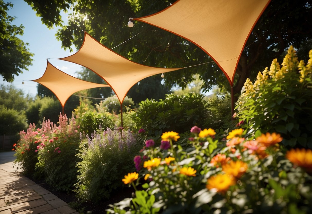 A garden with three triangular shade sails, casting dappled shadows on lush greenery and colorful flowers