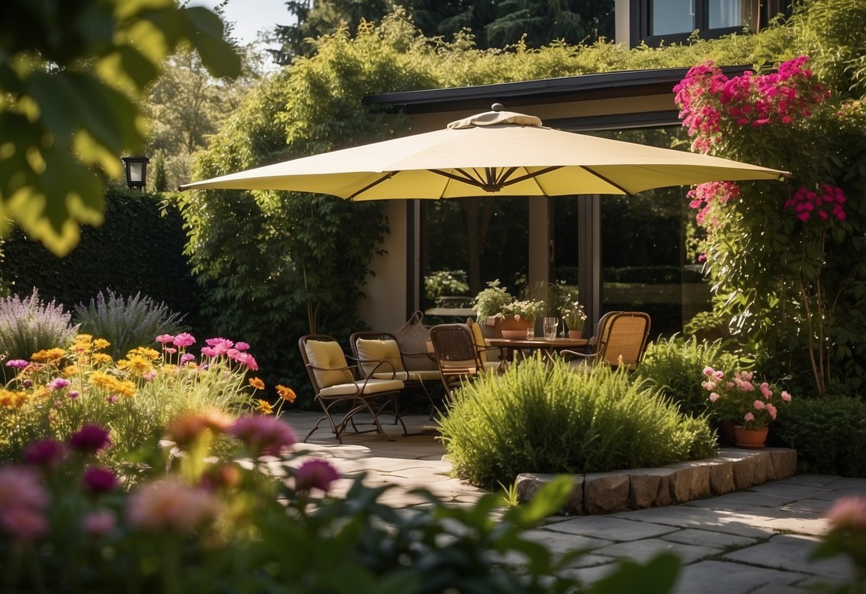 A vibrant garden with a retractable patio awning casting dappled shade over a cozy seating area, surrounded by lush greenery and colorful flowers