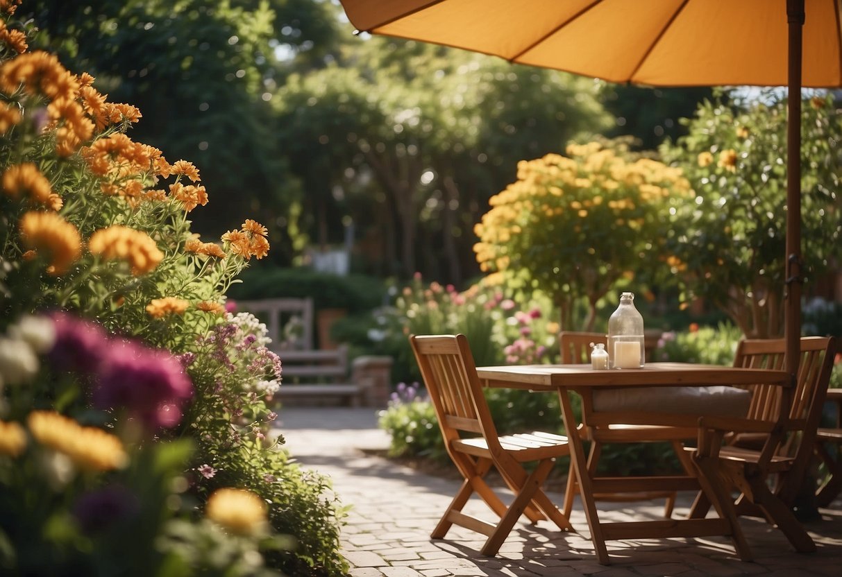 A colorful garden sail billows in the breeze, casting dappled shade over a cozy outdoor seating area. Flowers bloom nearby, adding a touch of natural beauty to the scene