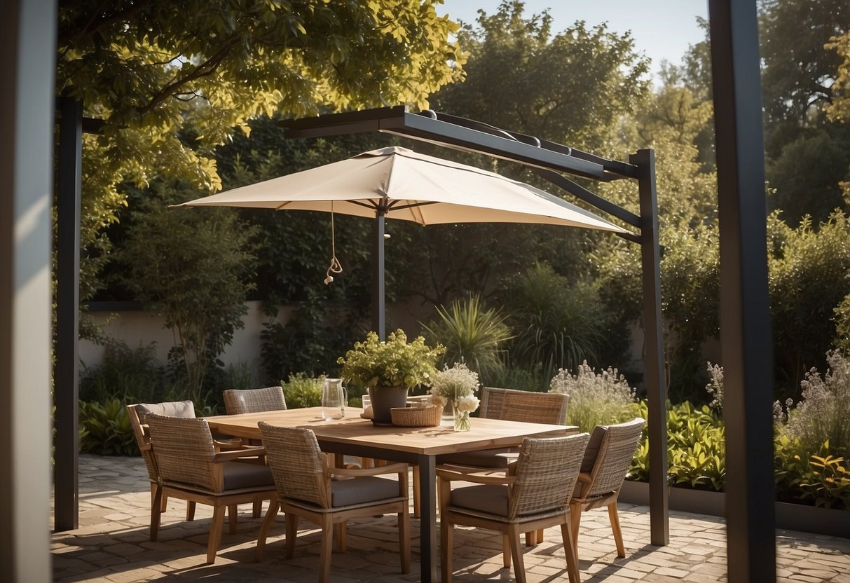 A garden sail is securely fastened with sail brackets and hardware, creating a stylish and functional outdoor space