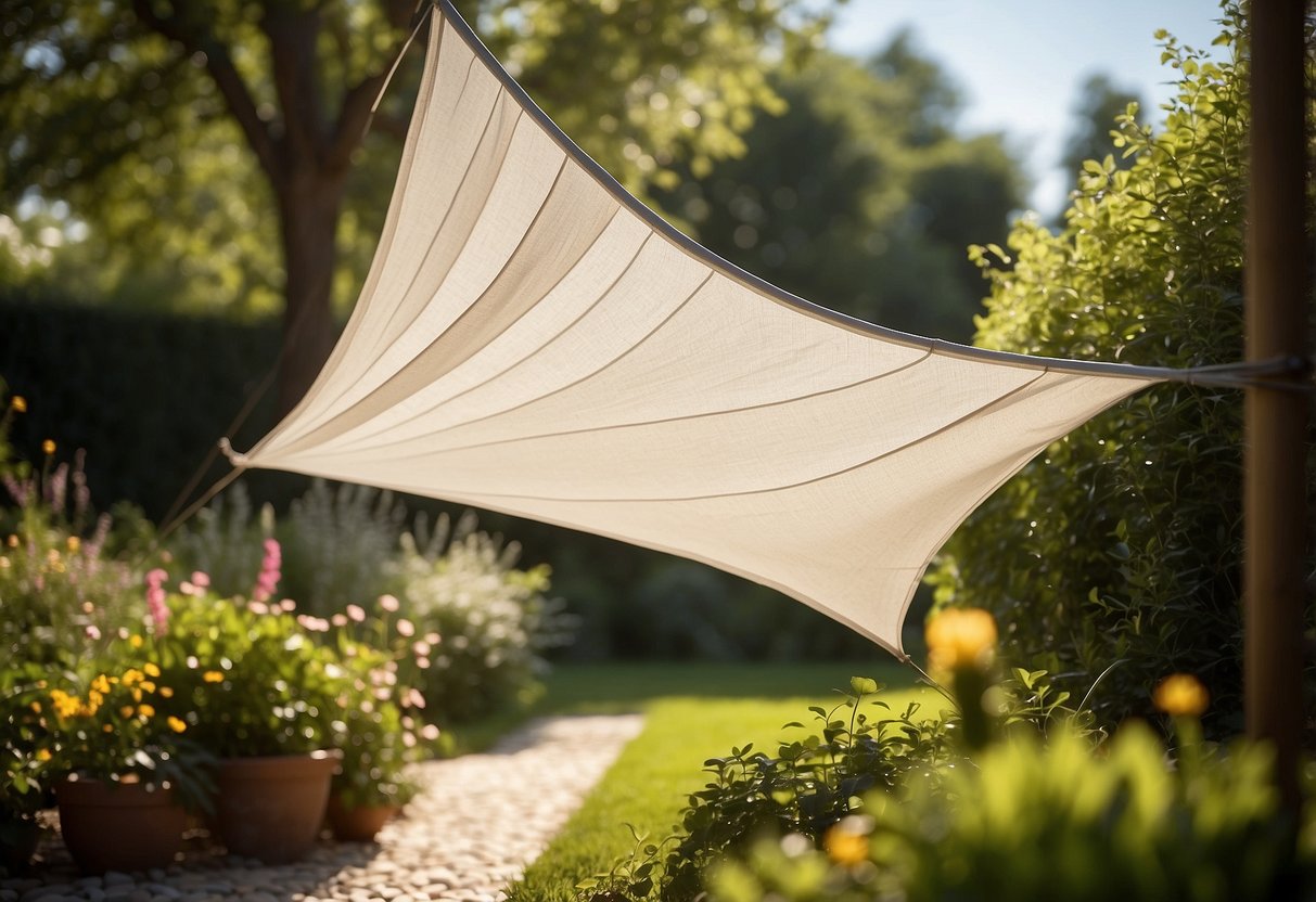 A garden sail billows in the wind, casting a cool, shaded area over a vibrant garden. The anti-UV fabric protects plants from harsh sunlight