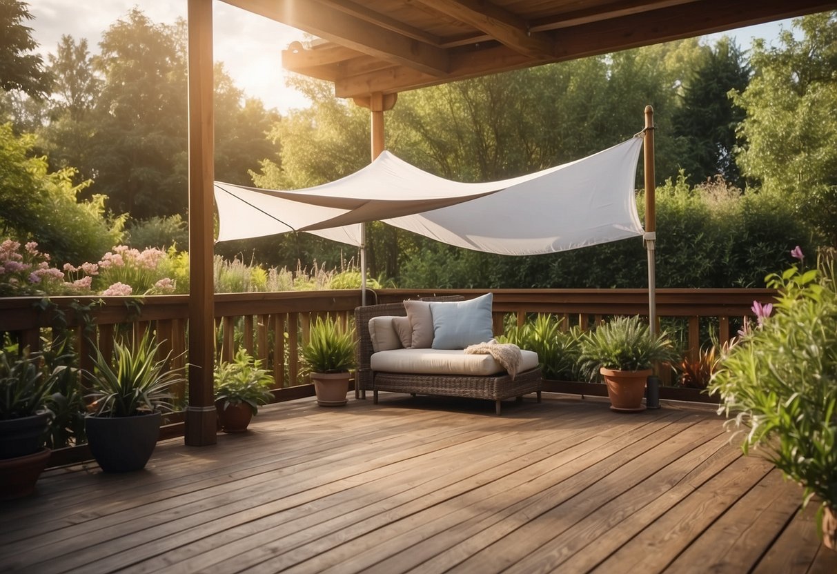 A deck with sail covers, surrounded by a lush garden, providing ideas for garden sail designs