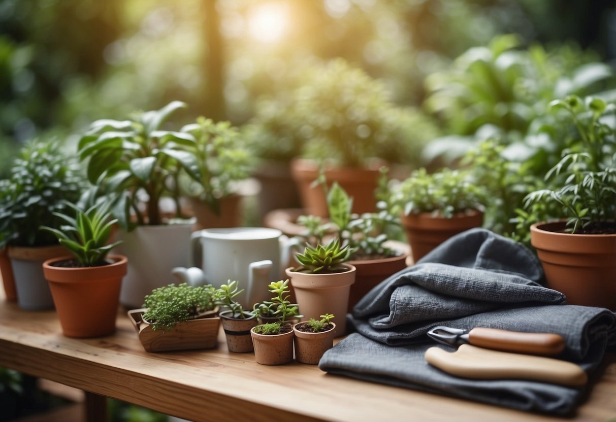 A variety of materials, such as canvas, mesh, and waterproof fabric, are displayed on a table with plants and gardening tools in the background