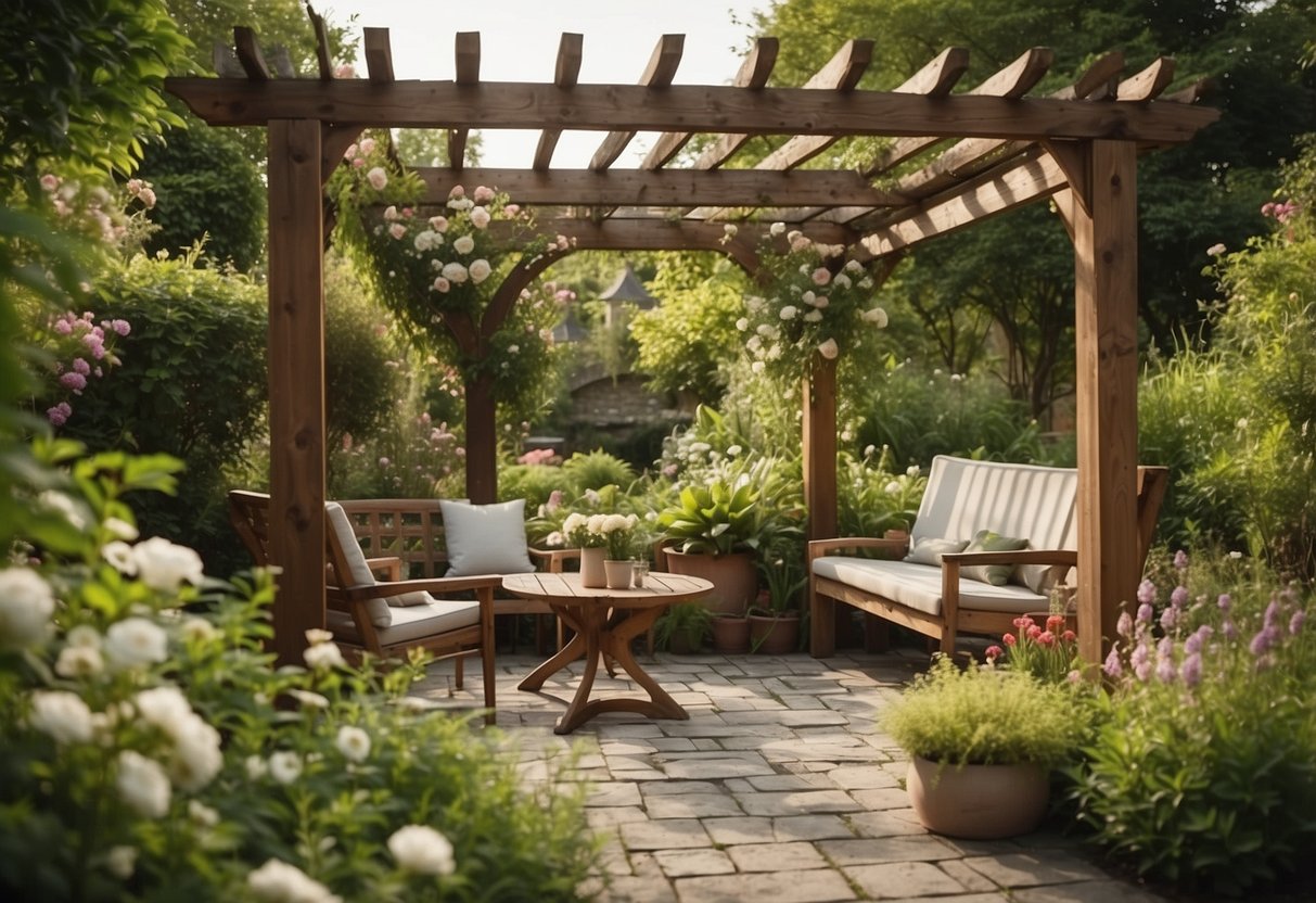 A rustic wooden pergola stands in a lush garden, surrounded by blooming flowers and greenery, offering a serene and cozy outdoor salon space