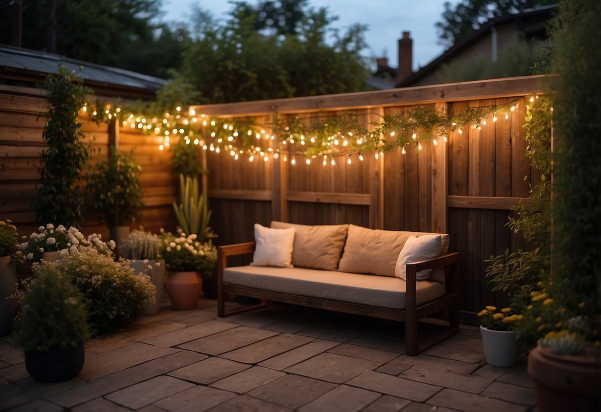 A cozy garden salon with warm glow string lights illuminating the outdoor space