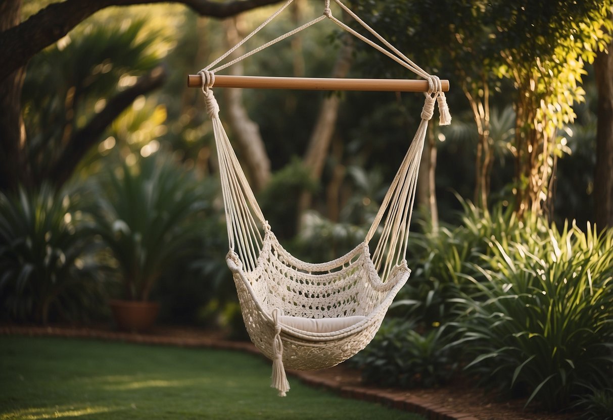 A hammock swing chair hangs in a lush garden with cozy seating and a serene atmosphere