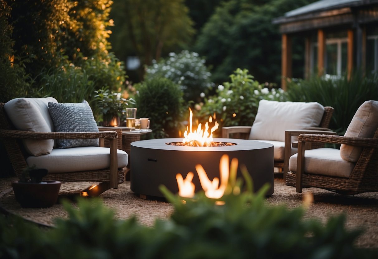 A cozy outdoor fire pit table surrounded by comfortable garden salon furniture, with soft ambient lighting and lush greenery in the background