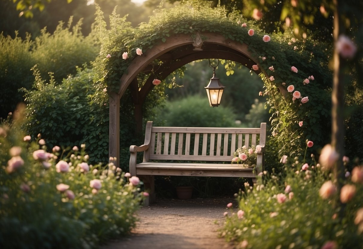 A weathered wooden bench adorned with climbing roses, surrounded by lush greenery and delicate wildflowers. A vintage lantern hangs nearby, casting a warm glow over the peaceful garden setting