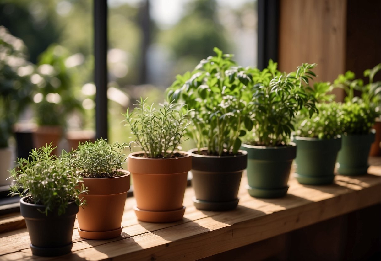 A collection of potted herbs arranged on a wooden shelf in a sunlit garden salon