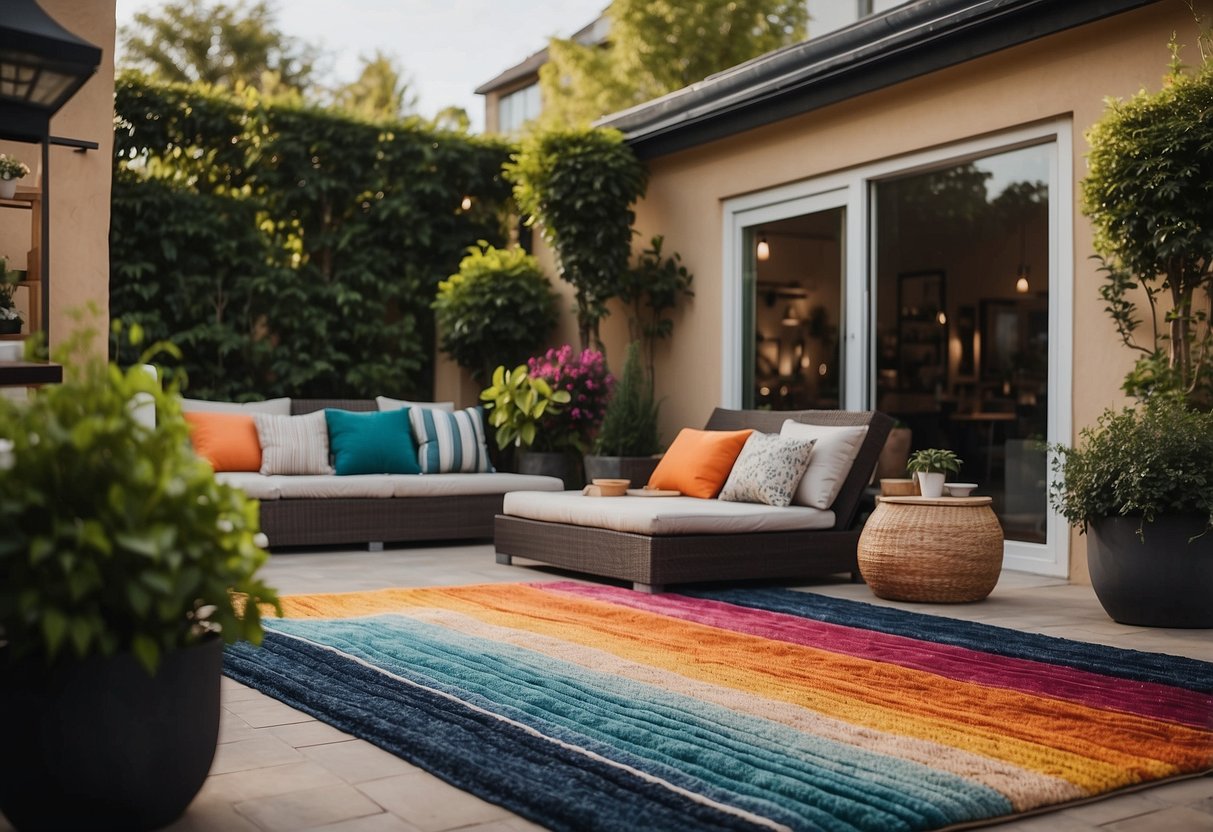 A vibrant array of outdoor rugs adorn a garden salon, adding a pop of color and comfort to the space