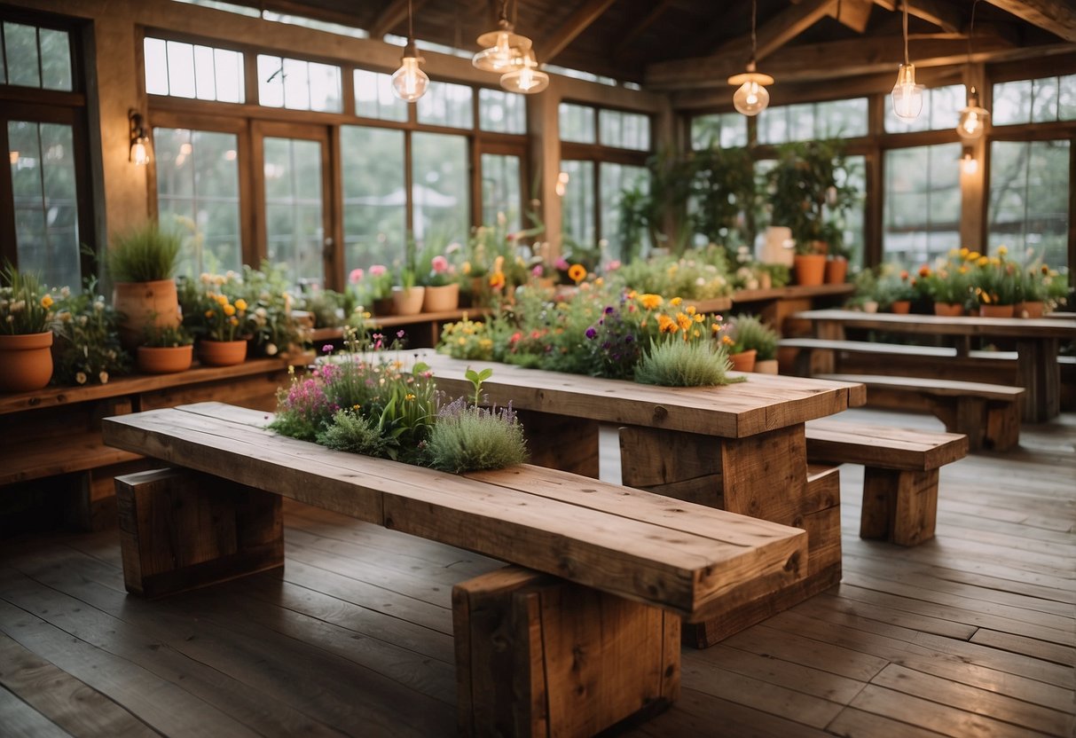 A rustic garden salon with reclaimed wood planters, filled with colorful flowers and herbs, surrounded by cozy seating and soft lighting