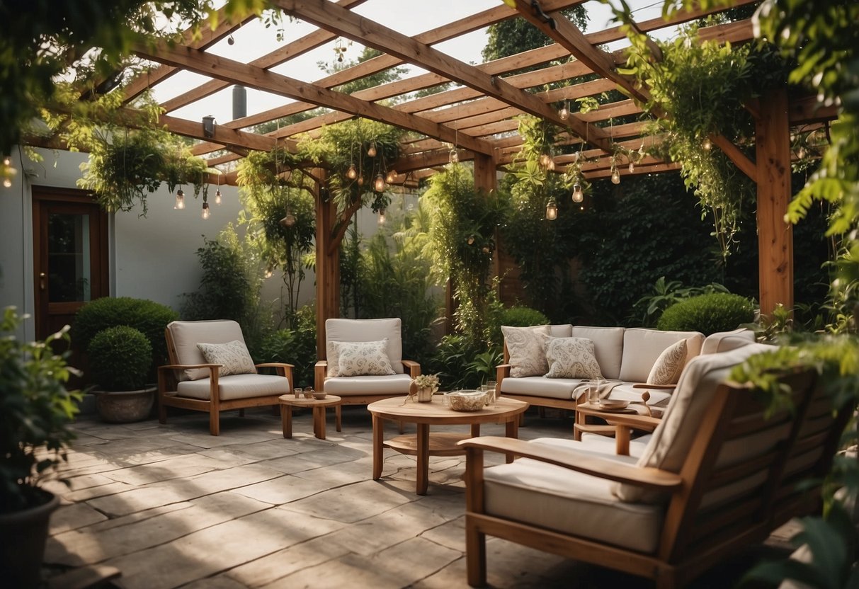 A cozy garden salon with a wooden pergola, comfortable seating, and lush greenery creating a relaxing and inviting atmosphere