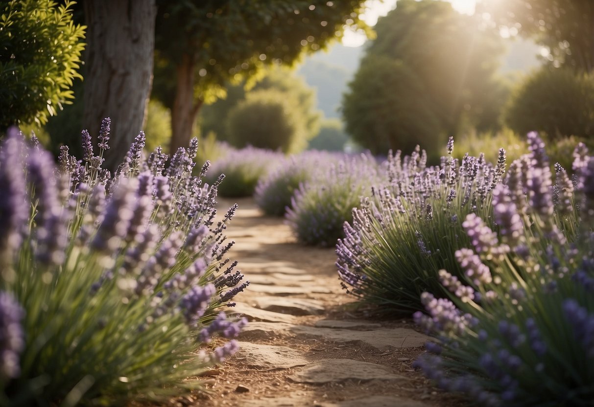 A winding pathway lined with blooming lavender bushes, surrounded by a variety of fragrant flowers and herbs, creating a serene and aromatic garden setting