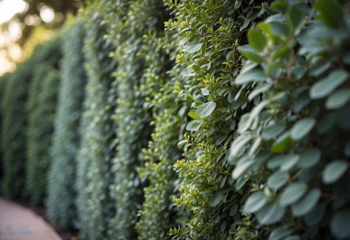 A lush eucalyptus wall towers over a serene garden, its leaves releasing a refreshing scent into the air. The garden is filled with vibrant flowers and tranquil seating areas, creating a peaceful and inviting atmosphere