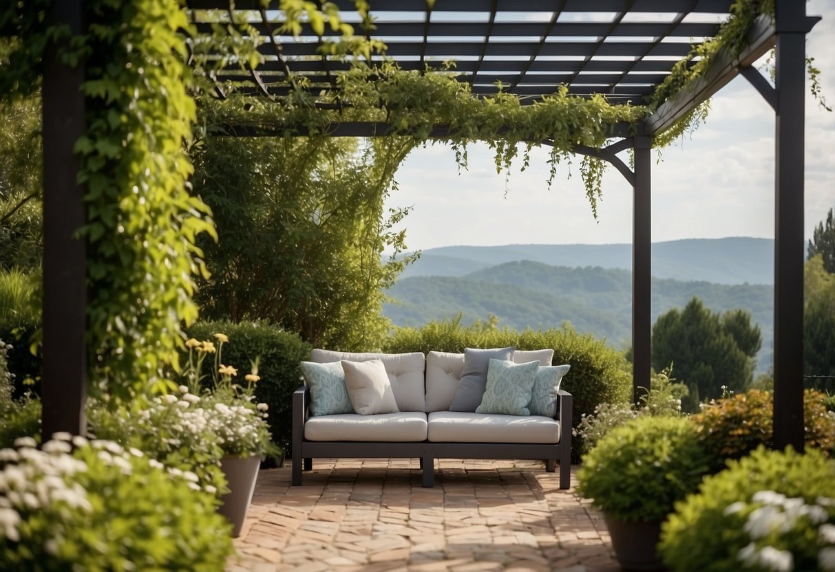 A pergola with cushions surrounded by lush greenery, creating a cozy and inviting garden sitting area