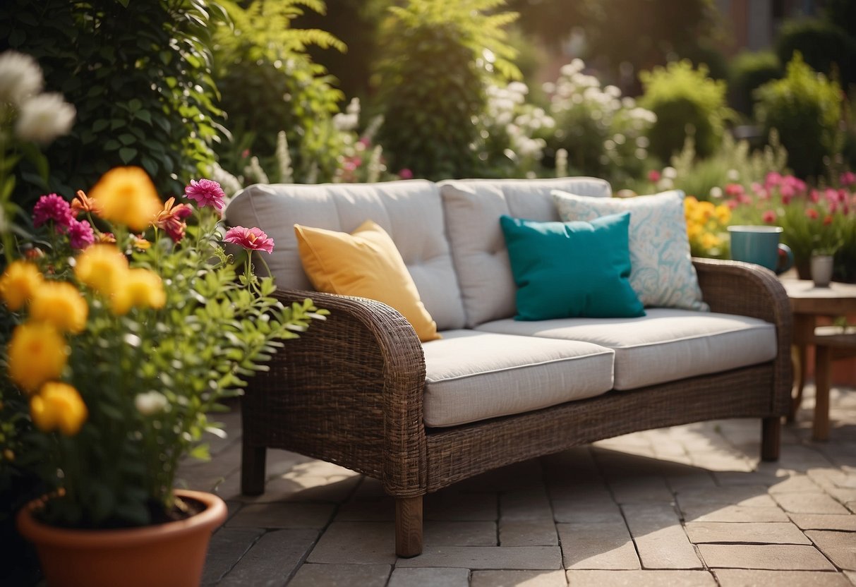 A cozy patio sofa set surrounded by lush greenery and colorful flowers, with a small coffee table and soft cushions for a relaxing garden sitting area