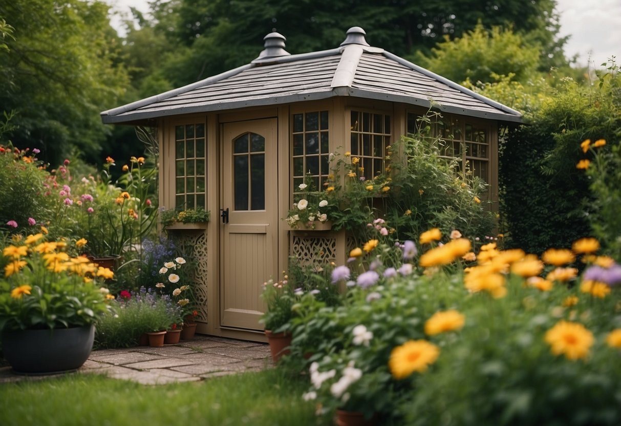 A garden shed with lattice panels as skirting, surrounded by lush greenery and blooming flowers